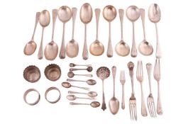 A group lot of silver, comprising two dessert spoons, two dessert forks, six soup spoons, five coffe