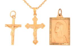 Two crucifix pendants on a chain, both pendants are struck with '22K' and with the same maker's mark