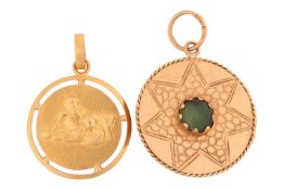 Two pendants; one depicting Triton, in a yellow metal marked '22' and tested as high carat; together