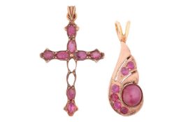 Two pendants comprising a ruby-set drop pendant, bezel-set with a ruby cabochon, in yellow metal tes