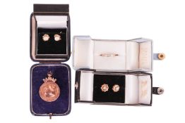 A collection of jewellery items including a 9ct gold fob and three pairs of earrings, including a pa