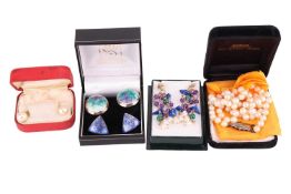 A small group of jewellery items; comprising a pair of 9ct gold multi-gem earrings with pearls, lapi