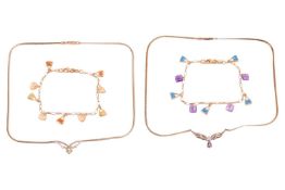 Two 9ct gold bracelets, both featuring enamelled handbags and gemstone cabochon charms, together wit