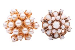 A pearl cluster ring and an opal princess ring; the first comprising round cultured pearls claw-set 
