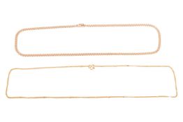 Two chains comprising a fancy link yellow metal chain marked '14K', measuring approximately 40cm, to