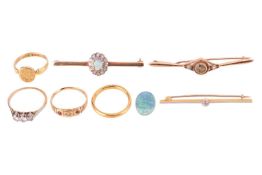 A small collection of jewellery items; to include a loose opal triplet, 13.9 x 10.0 mm; a wedding ba