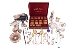 A collection of silver including sugar caster, Birmingham 1933, a silver mounted glass inkwell, Ches