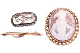 Three brooches; to include a shell cameo brooch in 9ct gold, depicting a portrait of a lady in front
