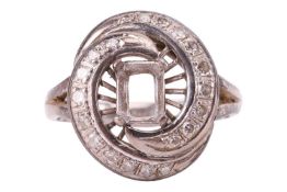 A diamond-set ring mount, the octagonal-shaped centre setting, encircled by an overlapping diamond-s