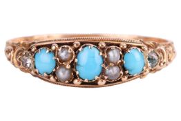 A Victorian turquoise and split pearl half hoop ring, set with three graduated turquoise oval caboch