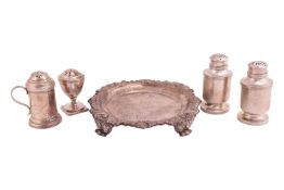 A Victorian silver pounce pot with reeded handle and pull-off cover, London 1877, together with a Ge