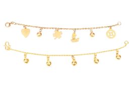 Two children's charm bracelets; the first contains a series of cable links suspending five bells, to