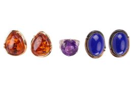 A solitaire ring and two pairs of earrings by Vilhelm Holmstrup; the ring centred with a circular-cu