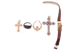 A single Claddagh hoop earring in 9ct gold; an Invincta manual wind wristwatch on leather strap, in 
