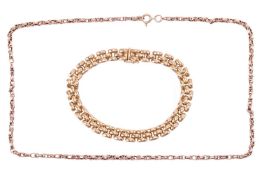 A panther link bracelet in 9ct yellow gold, tongue clasp fastening, 19.5 cm long; and a fancy link n