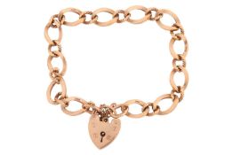 A 9ct gold fancy-link bracelet with padlock charm, with alternating curved links, of twisted and pla