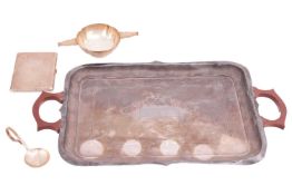 An Indian white metal two-handled presentation tray, Scottish silver quaich and spoon, and a heavy I