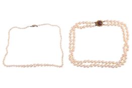Two cultural pearl necklaces; to include a double-strand pearl necklace with uniformed beads of 7.5 