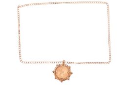 A sovereign pendant and chain, comprising an Elizabeth II full sovereign, 1964, unsoldered in pendan