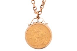 An Edwardian sovereign pendant and chain, comprising an Edward VII full sovereign, 1906, unsoldered 