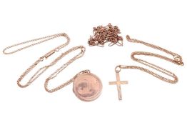 Three chains and two pendants; to include a Figaro link chain with T-bar closure, unmarked pink meta