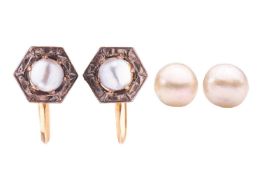 Two pairs of pearl earrings; to include a pair of stud earrings set with roundish cultured pearls of