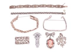 A collection of costume jewellery set with paste and marcasite, including four link bracelets, two b