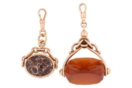 Two swivel fobs; the first contains an oval moss agate and a jasper panel (trade name: turritella ag