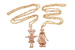 A gem-set clown pendant, marked '375', to a fancy-link 9ct gold chain, together with a 9ct gold gem-