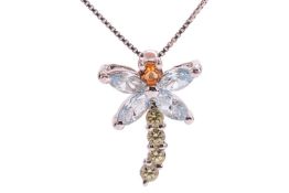 A gem-set dragonfly pendant on chain, with topaz wings and a citrine head, suspending an articulated