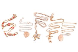 A collection of jewellery items including a 9ct gold and coral bead necklace, a 9ct bi-colour gold c