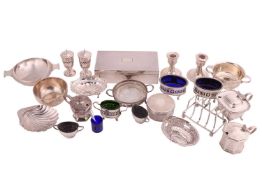 A mixed collection of silver and plate to include a Mappin & Webb silver cigarette box, a pair o