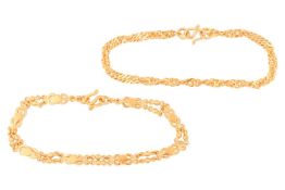 Two fancy link bracelets; one with flat Singapore links to an S-hook clasp, Chinese artisan mark and