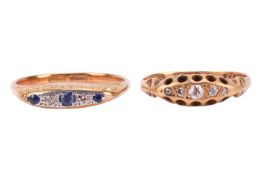 Two rings; comprising an Edwardian diamond-set half-hoop ring, featuring five graduated old-cut diam