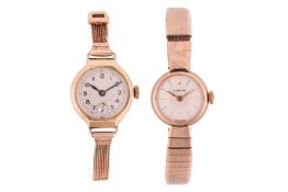 Two gold lady's wristwatches comprising an unsigned 14 carat wristwatch on 9 carat bracelet, gross w