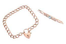 A late Victorian curb link bracelet with heart padlock clasp, together with a gem-set bar brooch; th