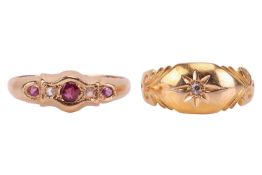 Two gem-set rings; comprising an Edwardian gypsy ring, star-set with a single-cut diamond, in an 18c