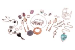 A small collection of jewellery items together with four silver teaspoons; including examples of a s