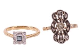 A diamond-set plaque ring, featuring rose-cut diamonds in a bi-colour metal mount, featuring chevron