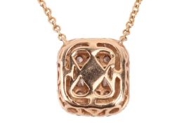 A diamond cluster necklace, the rectangular pendant is composed of baguette-cut and round brilliant-