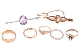 Five rings and two gem-set brooches; to include a diamond-set dress ring in 9ct gold, size I; an eng