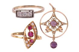 A collection of jewellery items comprising a diamond-set dress ring, the rectangular head featuring 