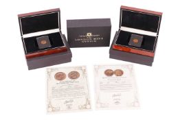 An 1884 Queen Victoria half sovereign and a 1908 Edward VII half sovereign, both cased in individual