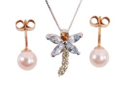 A pair of cultured pearl stud earrings, and a gem-set dragonfly pendant on chain; the earrings each 