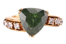 A green metamict zircon dress ring, centred with a trilliant-cut metamict zircon of 10.3 x 10.6 x 6.