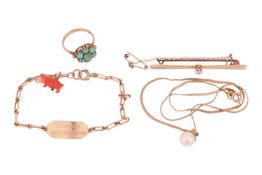 A collection of jewellery items comprising a diamond-set bar brooch, marked '18ct' and 'Plat', a 9ct