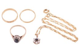 A small collection of jewellery items; to include a sapphire and CZ flowerhead cluster pendant on a 