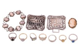 A small group of jewellery; to include a pair of Chinese export 'silver' nurse belt buckles, pierced