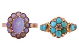 Two gem-set cluster rings; the first is a daisy head cluster ring set with round turquoise cabochons