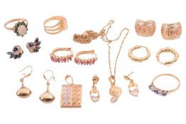 A miscellaneous collection of jewellery items; including a sapphire and old-cut diamond five-stone r